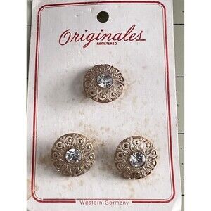 VTG Originales Rhinestone/Gold Filagree paint detail on Lucite Buttons On Card